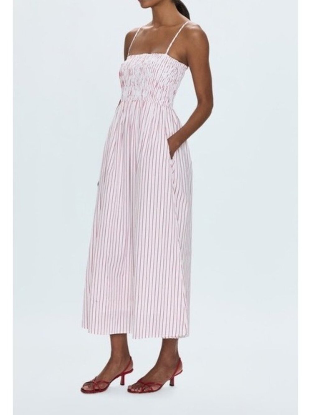 PISTOLA BIANCA SHIRRED BODICE DRESS, L, RUBY STRIPE